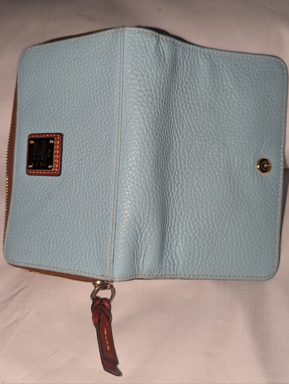 Dooney & Bourke Pale Blue Pebbled Leather Zip-Around Wallet with Brown Trim - Picture 3 of 10